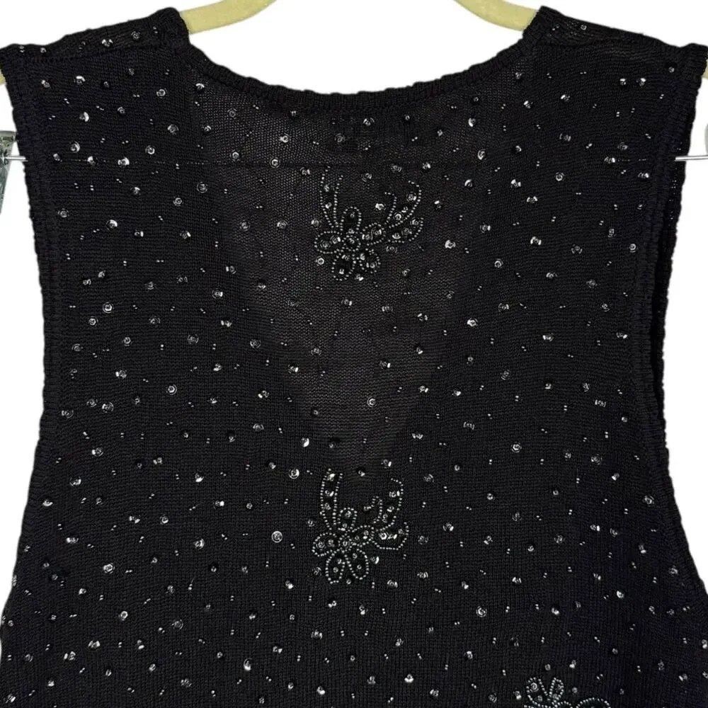 DKNY Vintage Sequin Beaded Embroidered Knit Sweater Vest Large Ugly Xmas Sweater